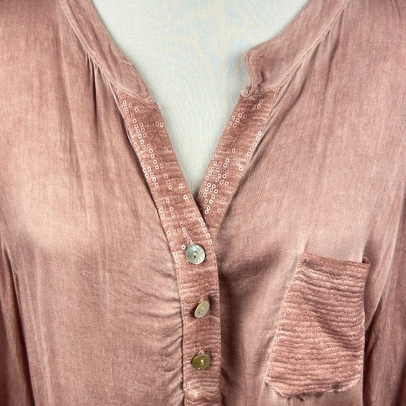 Hi-Lo Blouse Women Size Medium V-Neck Roll Up Sleeves Italy Flowy‎ Sequins Pink - Picture 7 of 16